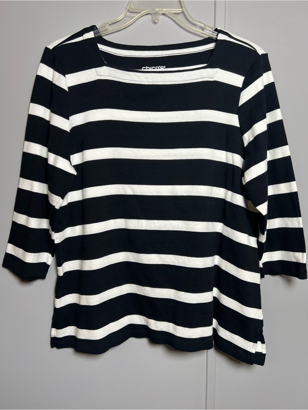 Chico's Black and White Striped Size 3 (XL) Pima Cotton 3/4 Sleeve Top Blouse